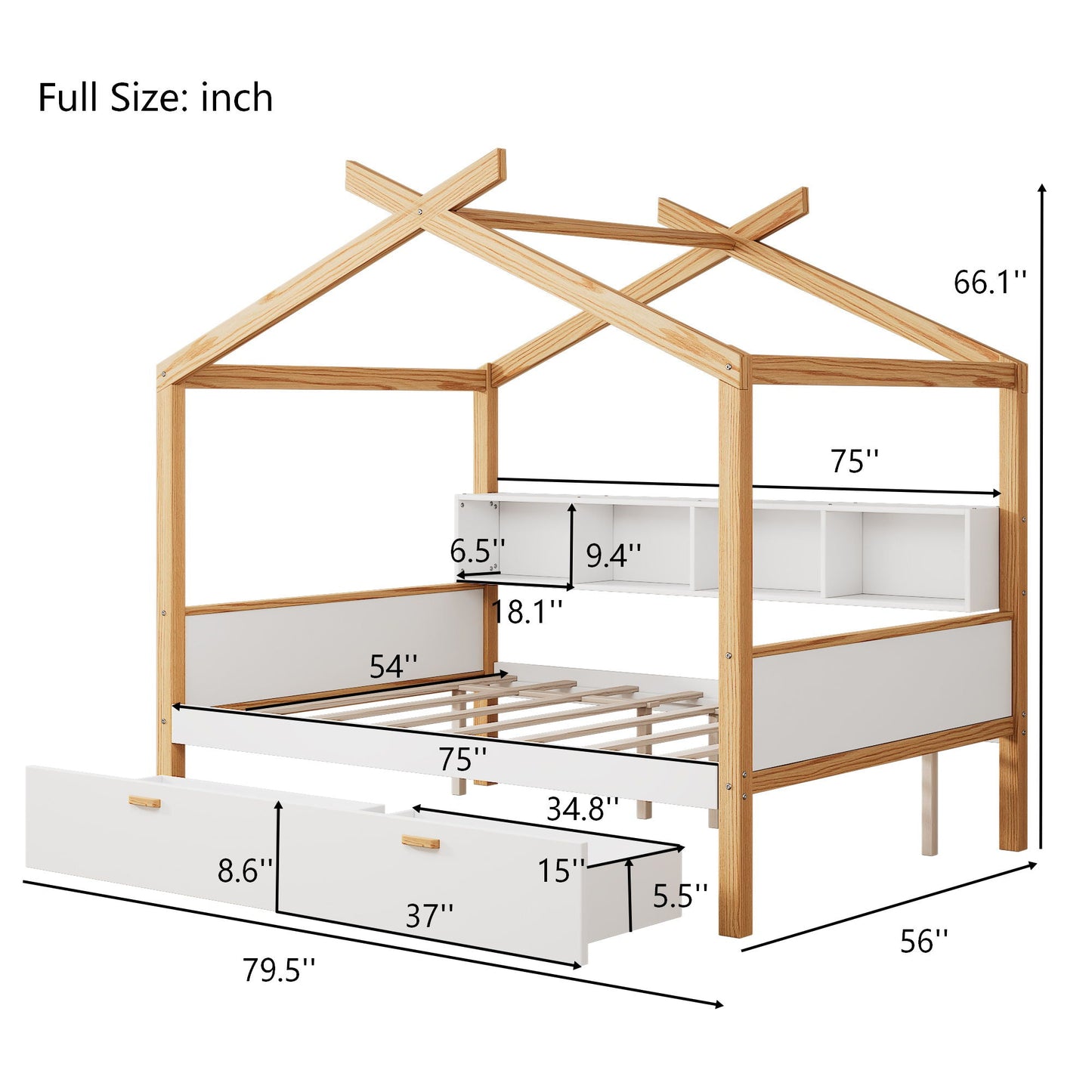 House Bed With Bookshelf Storage in natural wood finish with white storage drawers on Tampa Home & Garden Store