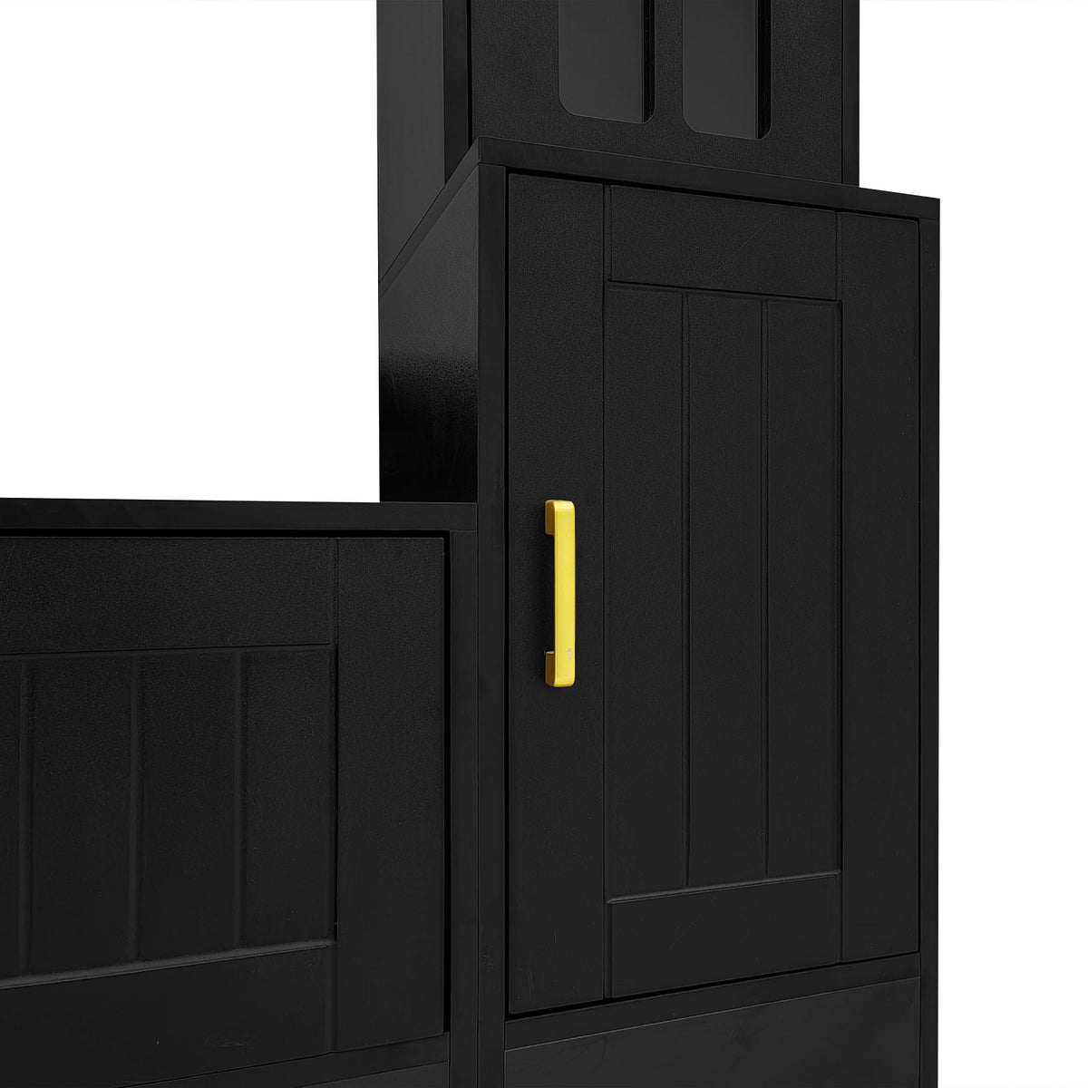 Wall unit entertainment center in black finish with glass doors and yellow handles on Tampa Home & Garden Store