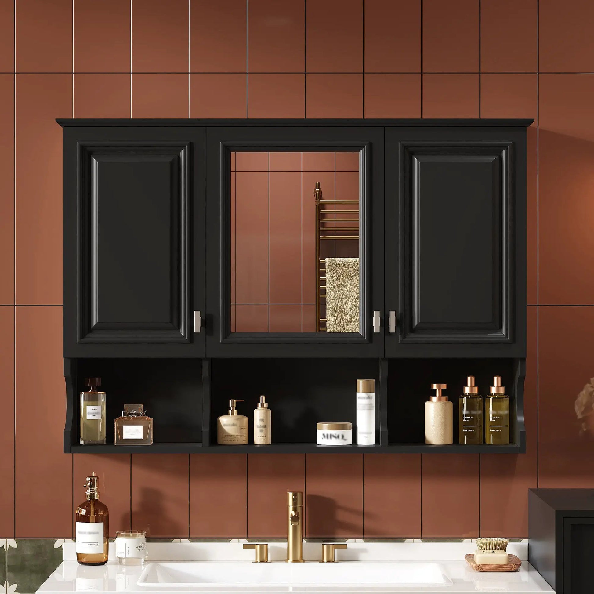 Modern black wall mounted medicine cabinet with open shelves and adjustable interior on Tampa Home & Garden Store