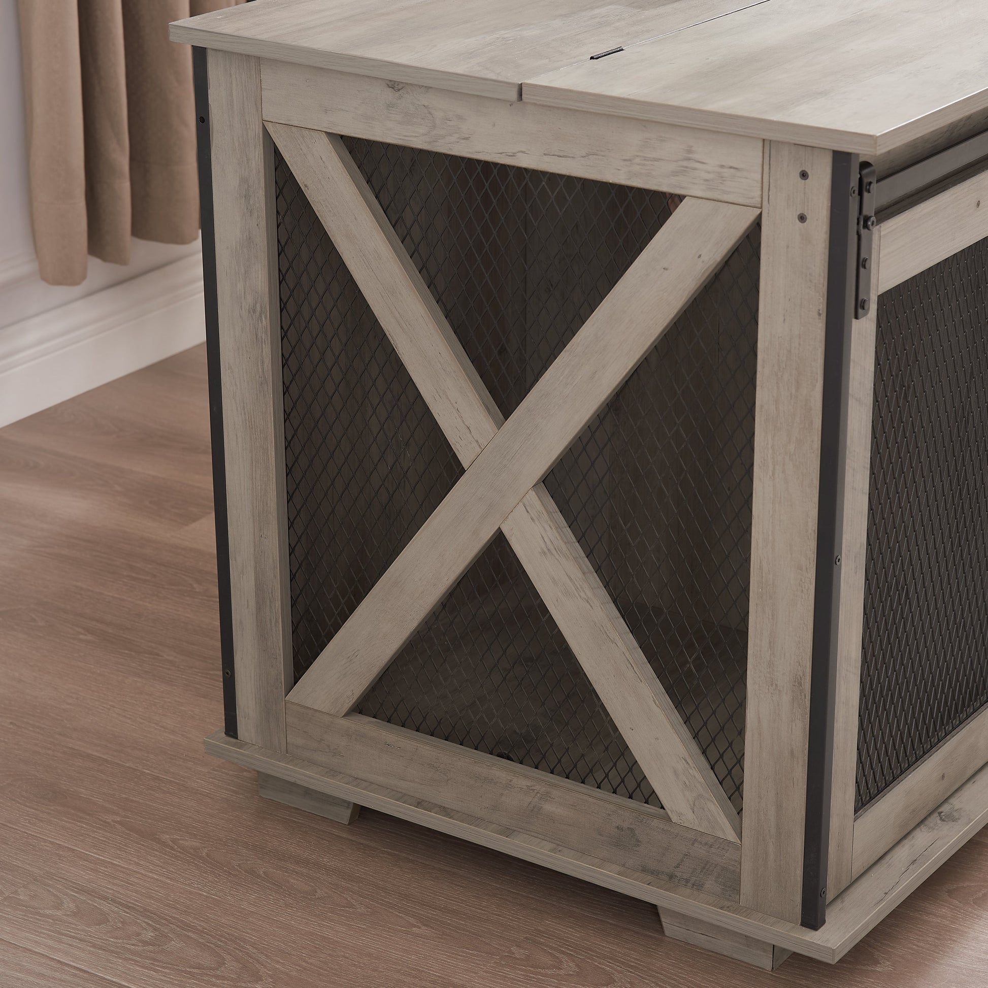 Farmhouse dog crate furniture with sliding barn door, weathered gray wood and black mesh on Tampa Home & Garden Store