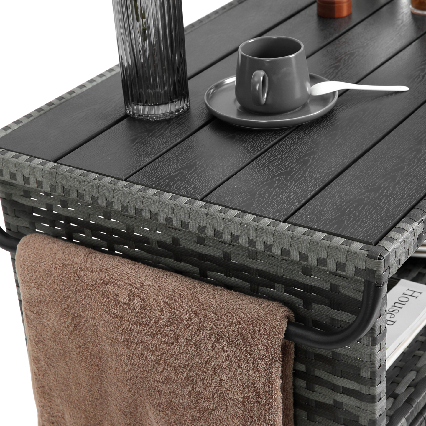 Outdoor Wicker Bar Cart with Glass Top and Wheels, gray weave and brown towel draped over edge on Tampa Home & Garden Store