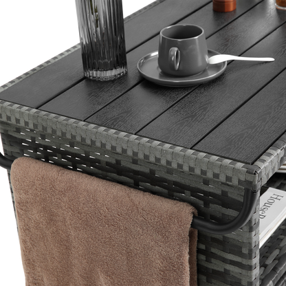Outdoor Wicker Bar Cart with Glass Top and Wheels, gray weave and brown towel draped over edge on Tampa Home & Garden Store