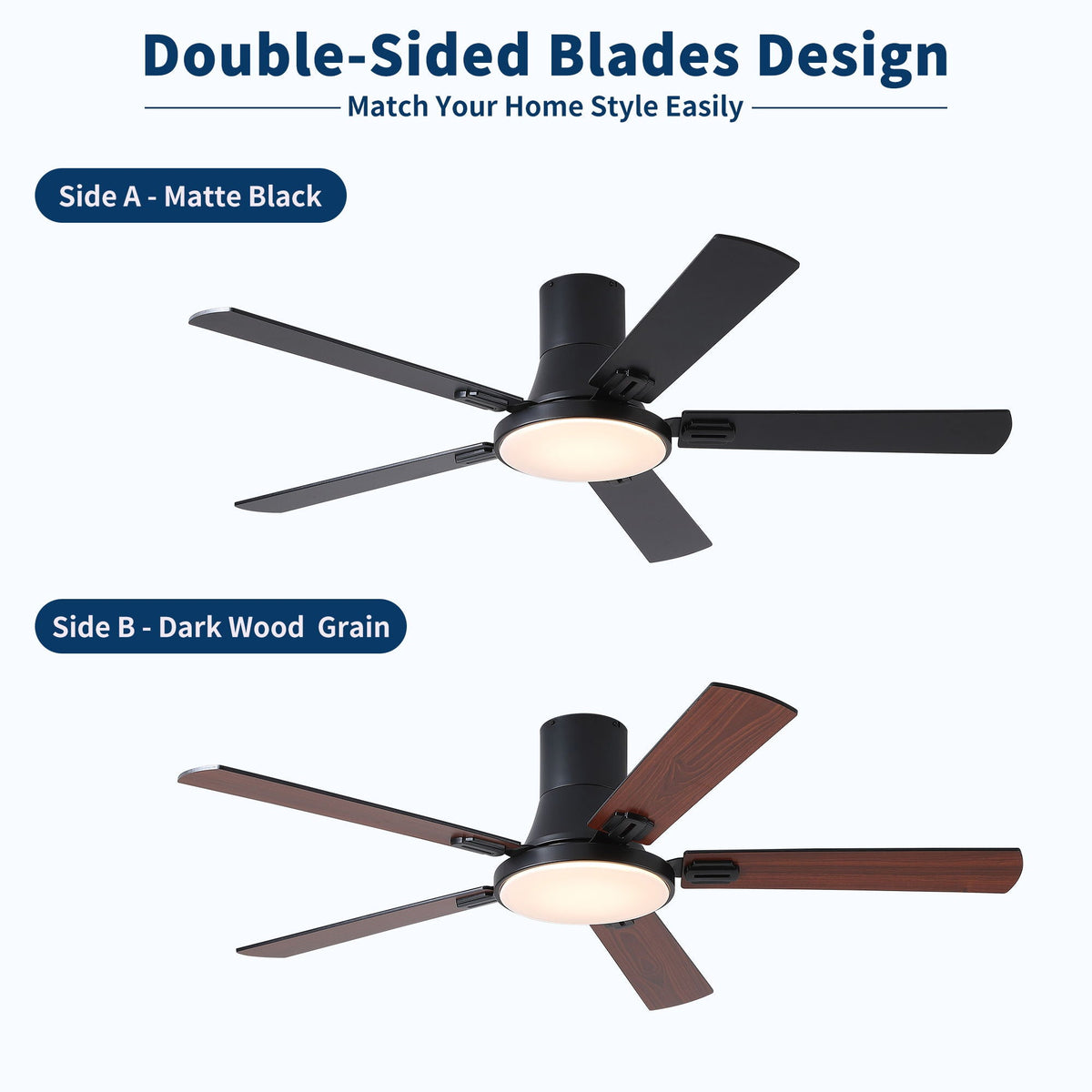 Ceiling fan with LED light and remote; dual blades Matte Black and Dark Wood Grain on Tampa Home & Garden Store