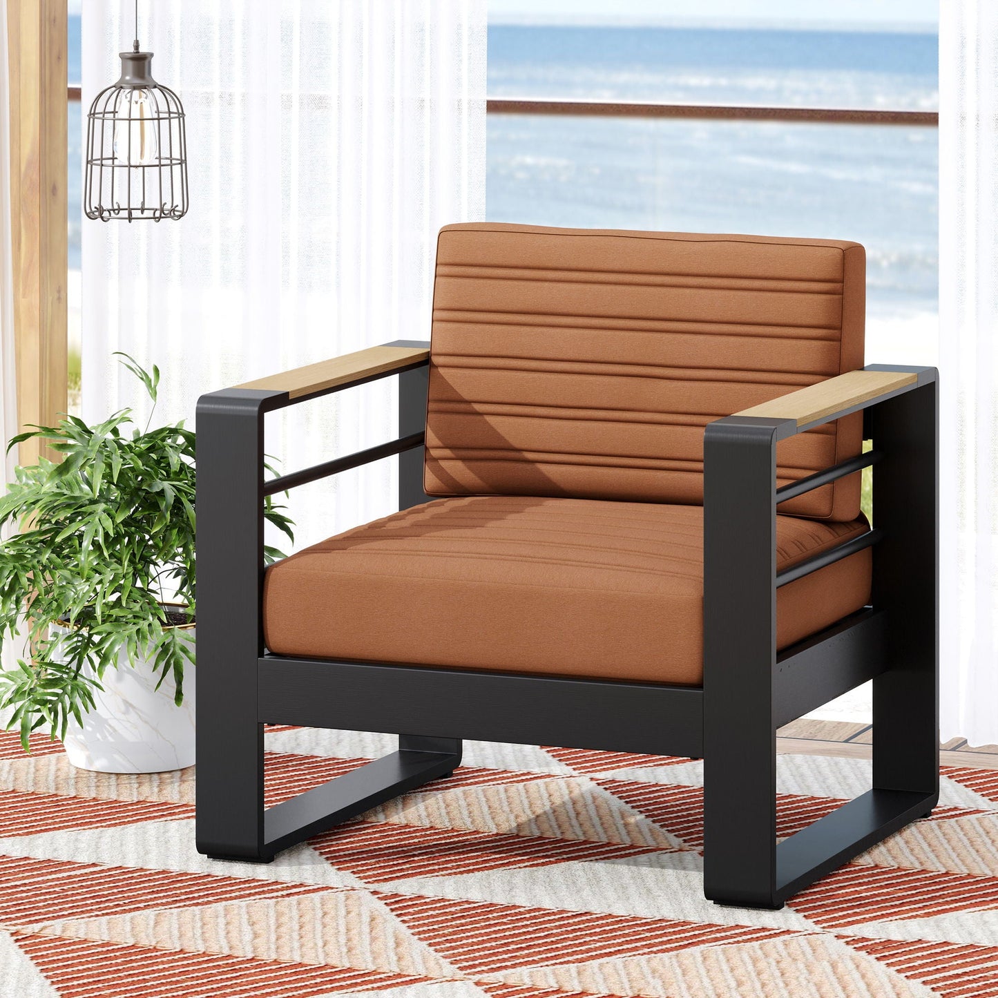 Giovanna Club Chair outdoor arm chair with aluminum frame and tan cushions HouseOfZazla on Tampa Home & Garden Store