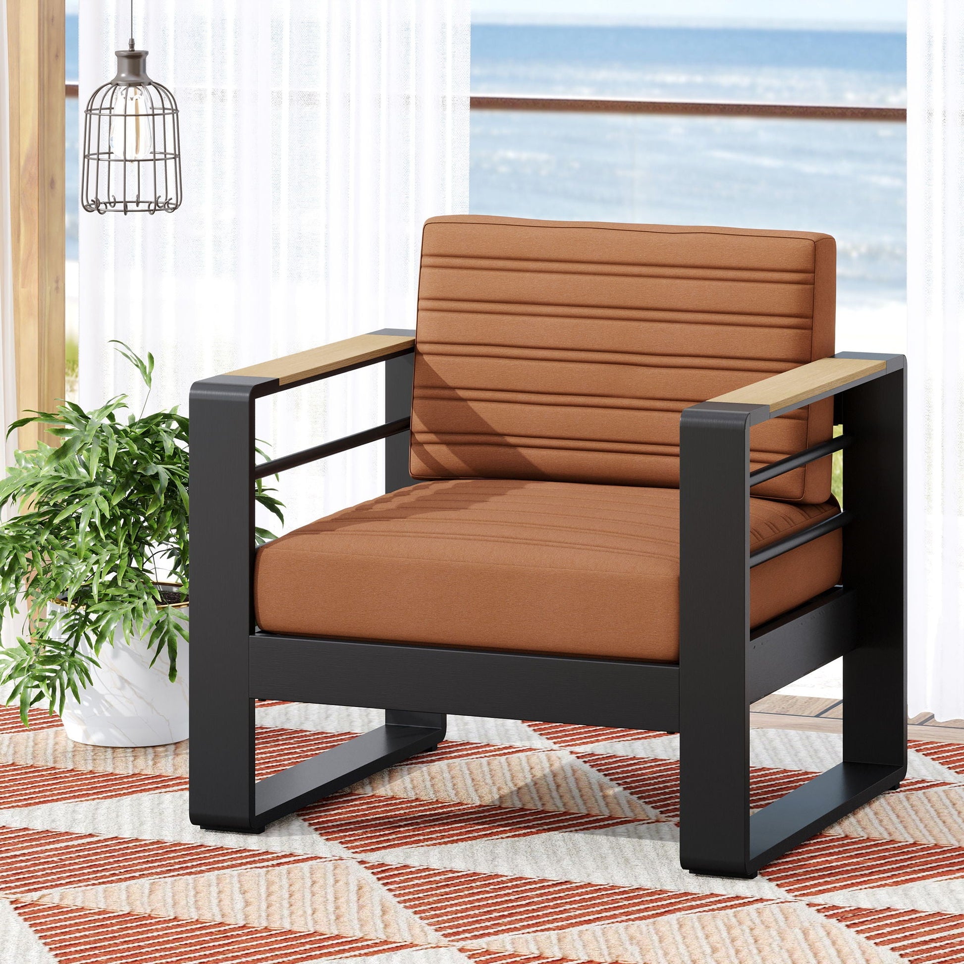 Giovanna Club Chair outdoor arm chair with aluminum frame and tan cushions HouseOfZazla on Tampa Home & Garden Store