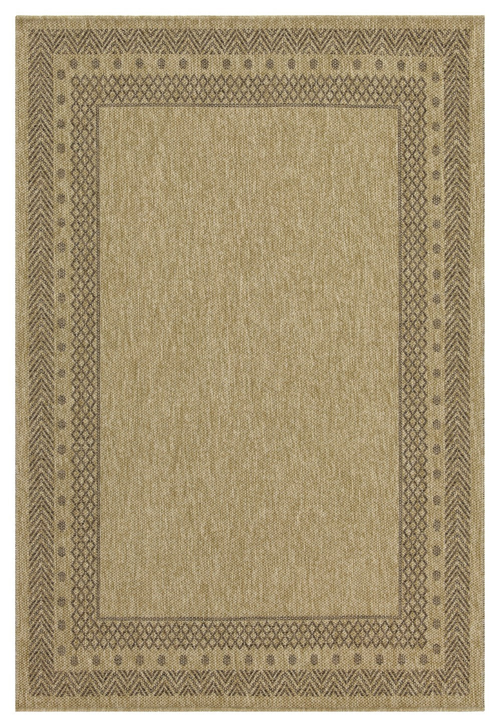 Durable jute indoor outdoor area rug with natural beige field and brown geometric border on Tampa Home & Garden Store