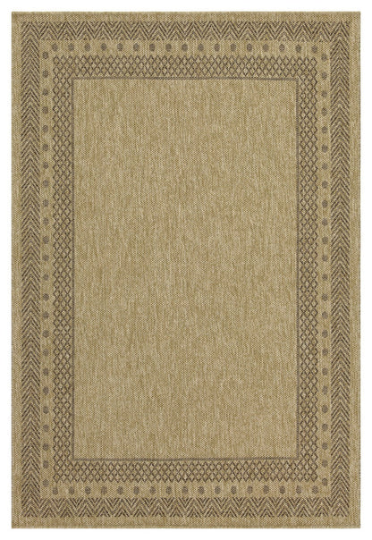 Durable jute indoor outdoor area rug with natural beige field and brown geometric border on Tampa Home & Garden Store