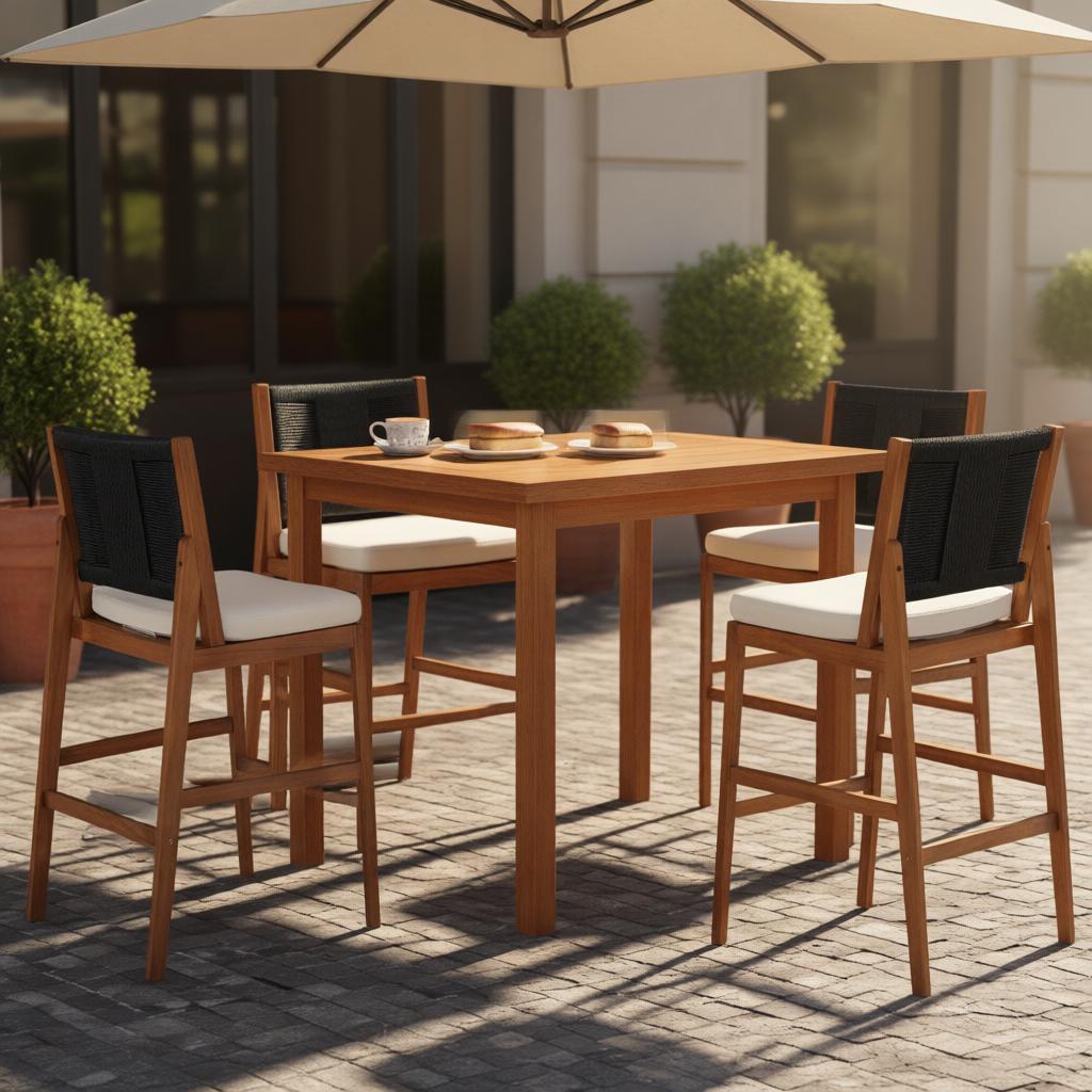 4-Piece Arly Black Outdoor Bar Stool Set in solid acacia with woven wicker backs and cushions on Tampa Home & Garden Store