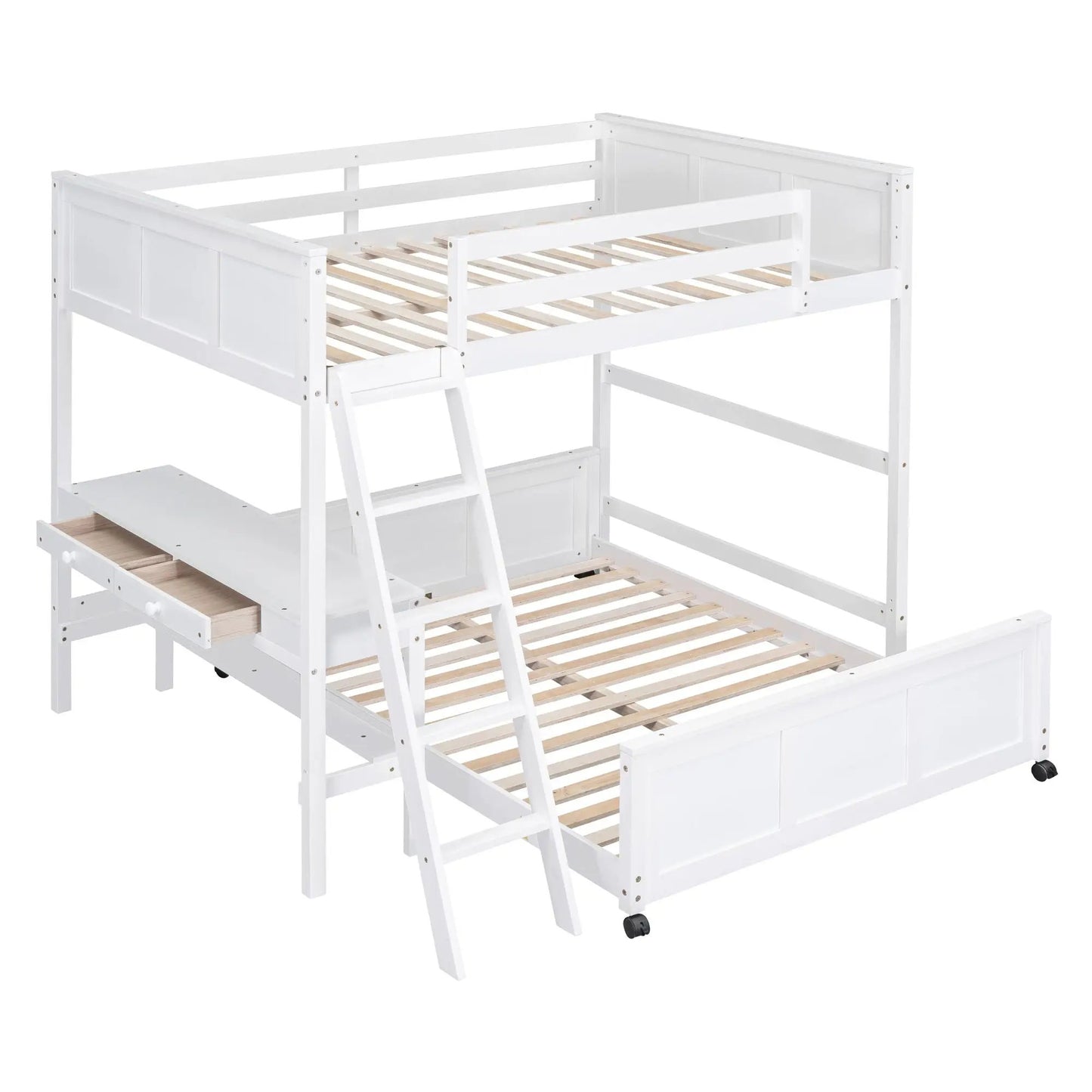 Full-over-full bunk bed with desk in white, built-in storage and slatted bed frames on Tampa Home & Garden Store