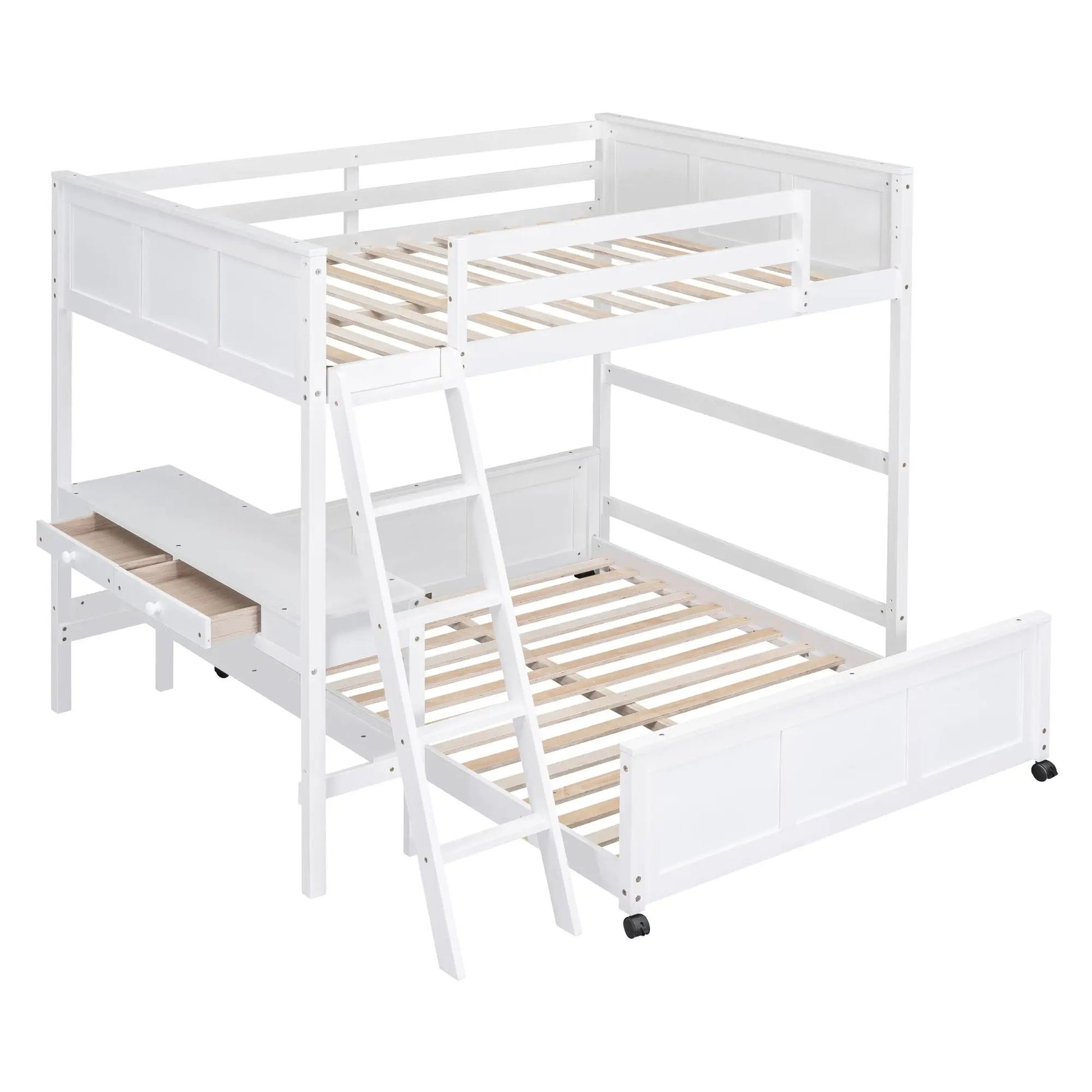 Full-over-full bunk bed with desk in white, built-in storage and slatted bed frames on Tampa Home & Garden Store