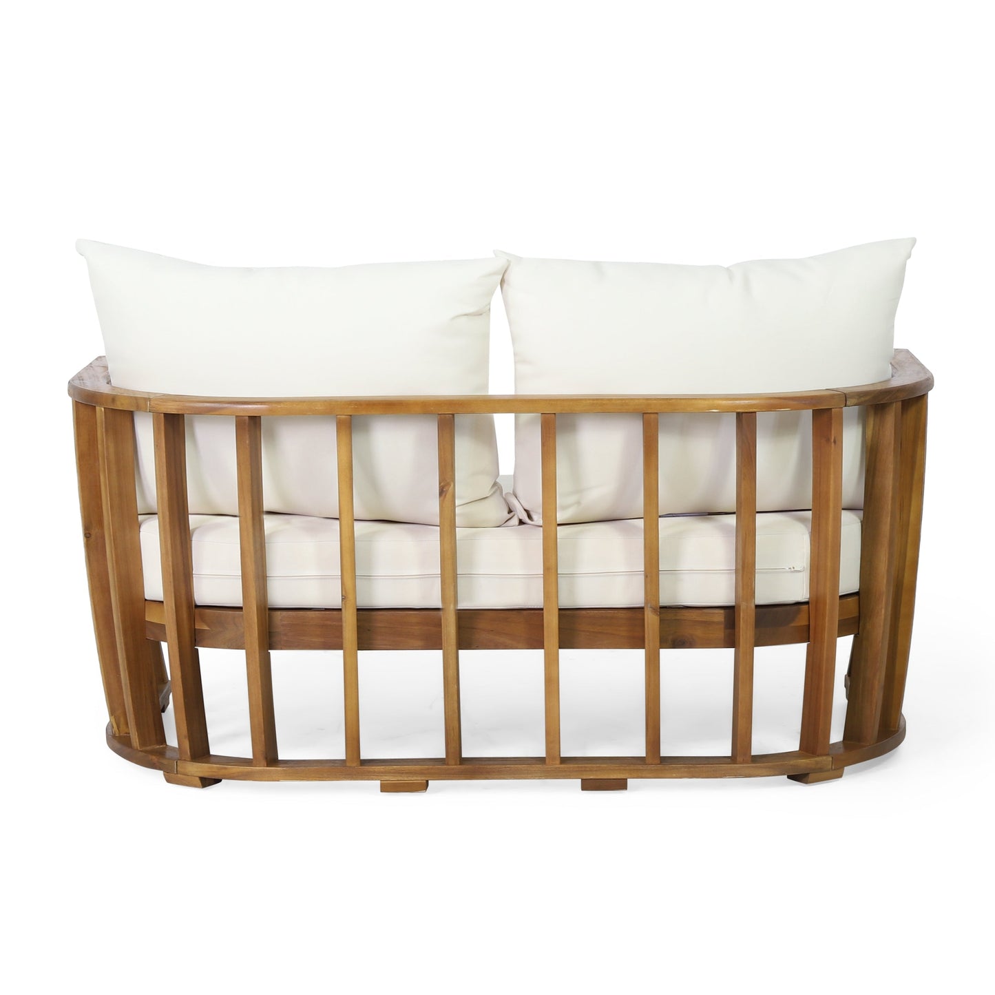Outdoor Acacia Wood Loveseat with white Cushions by HouseOfZazla, curved slat frame on Tampa Home & Garden Store
