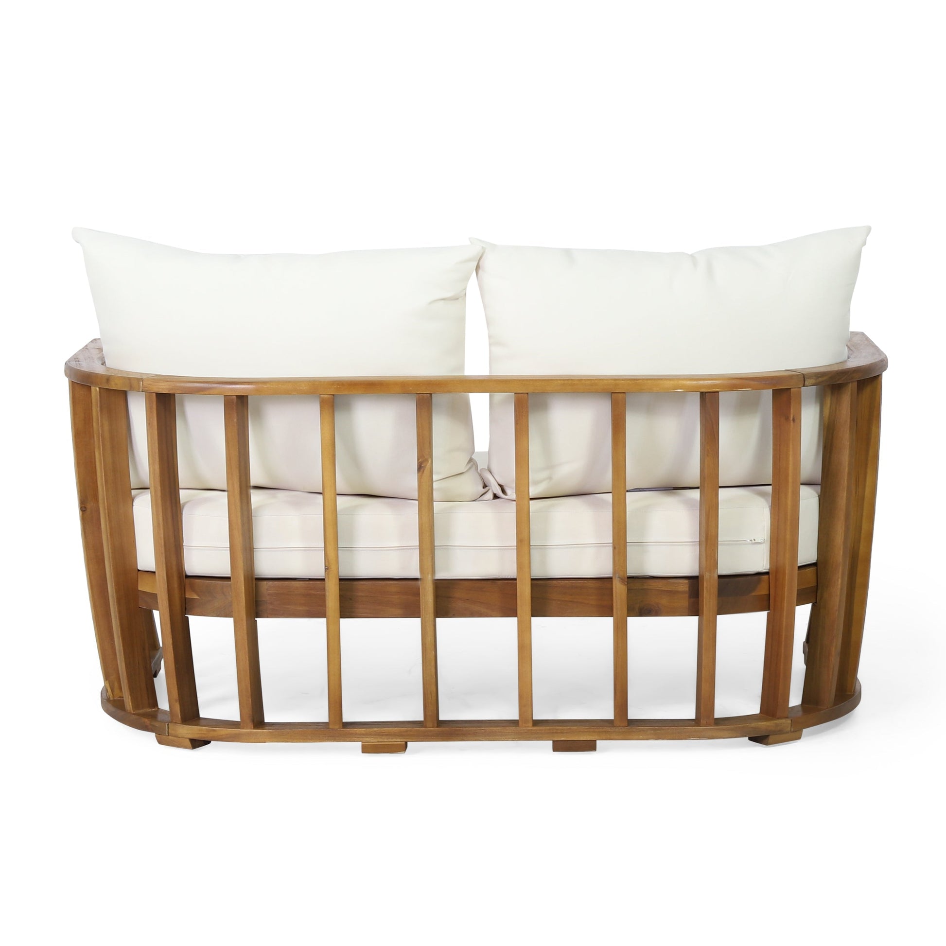 Outdoor Acacia Wood Loveseat with white Cushions by HouseOfZazla, curved slat frame on Tampa Home & Garden Store