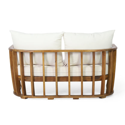 Outdoor Acacia Wood Loveseat with white Cushions by HouseOfZazla, curved slat frame on Tampa Home & Garden Store