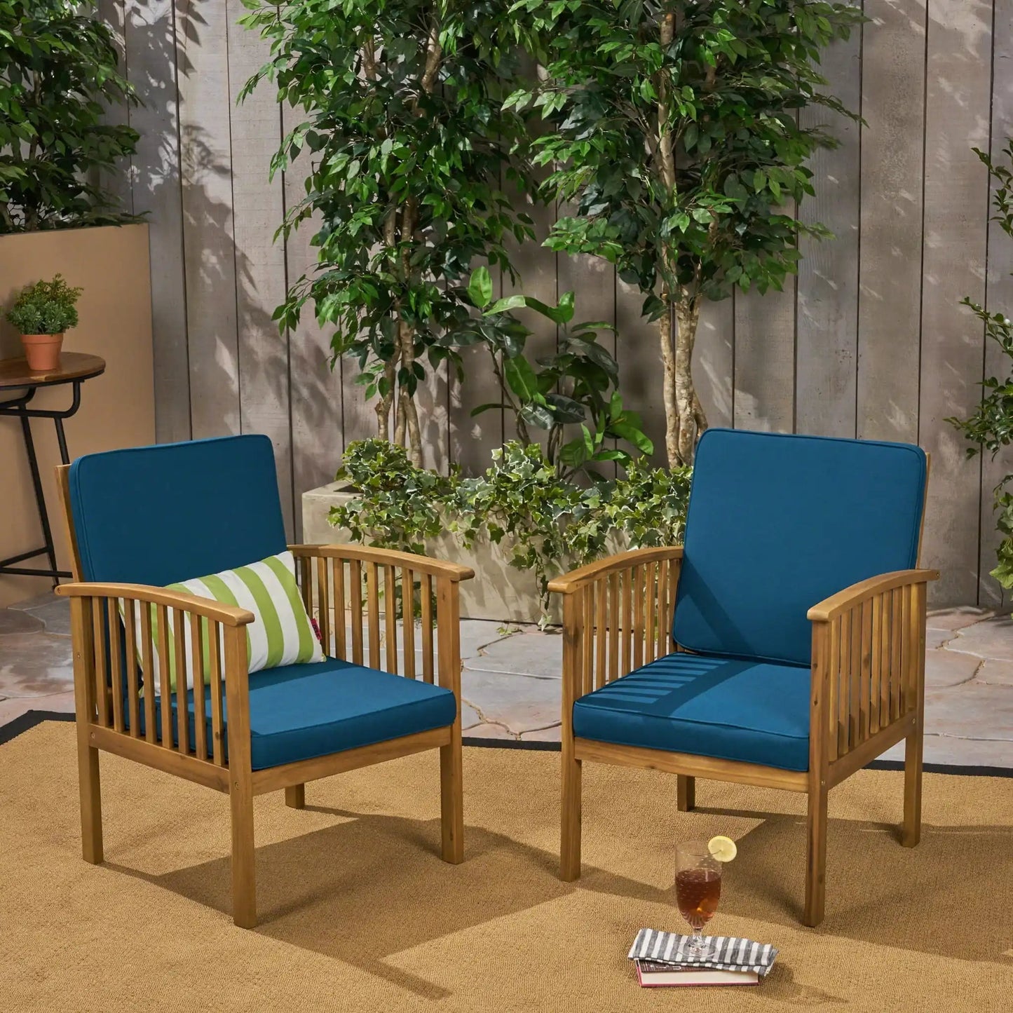 Casa Acacia Club Chair Coastal Classic Outdoor Seating with blue cushions and natural wood frame on Tampa Home & Garden Store