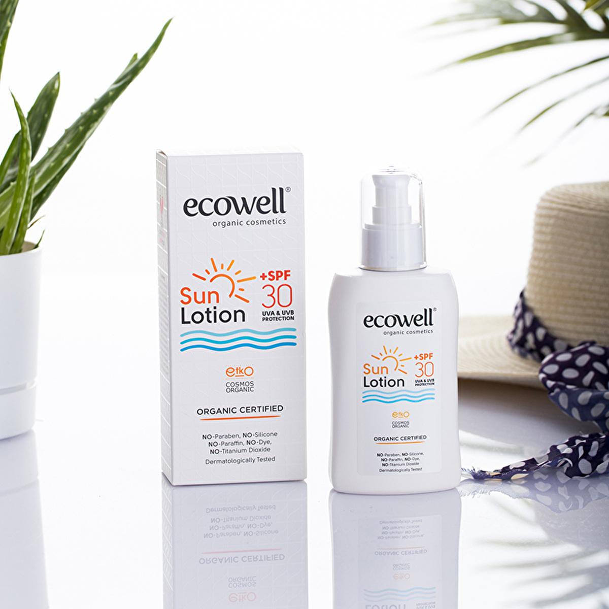 Ecowell Sun Lotion sunscreen bottle with SPF 30 and box, organic vegan on Tampa Home & Garden Store