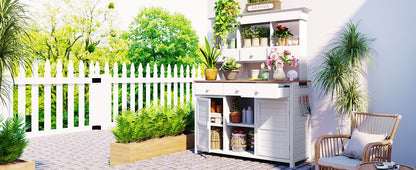 TOPMAX 65.7in tall garden potting bench with hutch, white wooden workstation with drawers on Tampa Home & Garden Store
