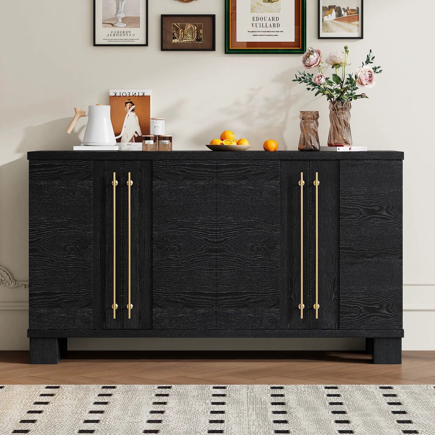 Sideboard with adjustable shelves in black wood with gold bar handles by Unique Piece Furniture on Tampa Home & Garden Store