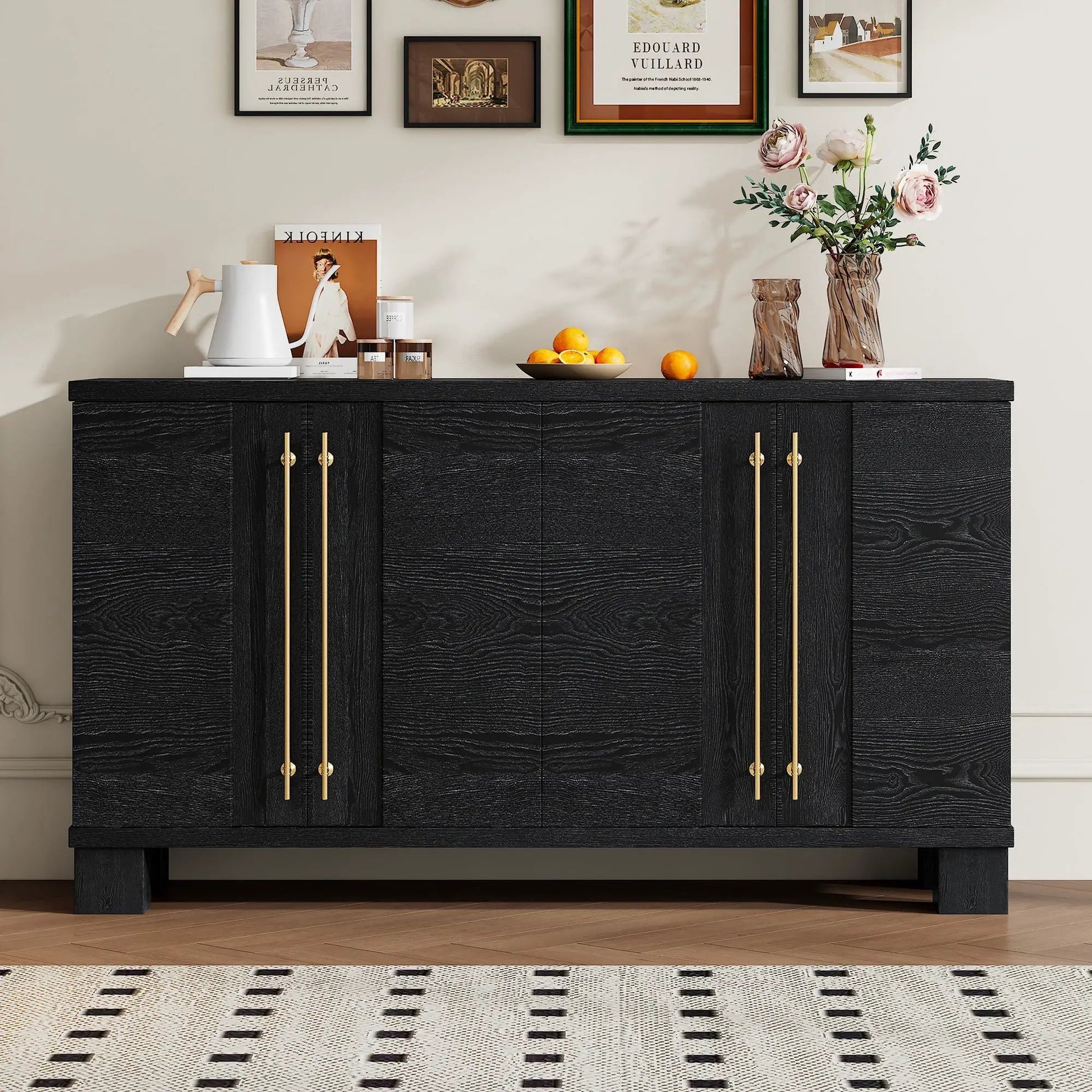 Sideboard with adjustable shelves in black wood with gold bar handles by Unique Piece Furniture on Tampa Home & Garden Store