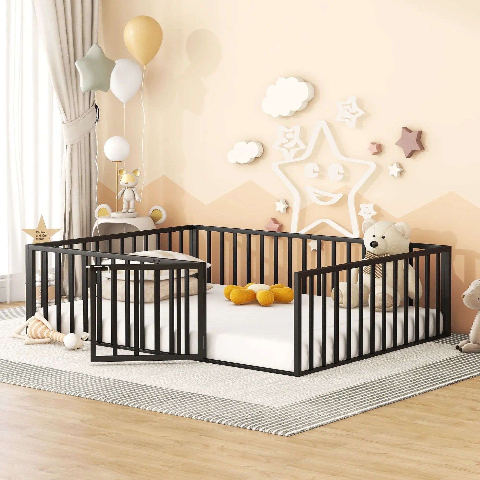 Metal floor bed frame with fence and door, black metal panel bed by Unique Piece Furniture on Tampa Home & Garden Store