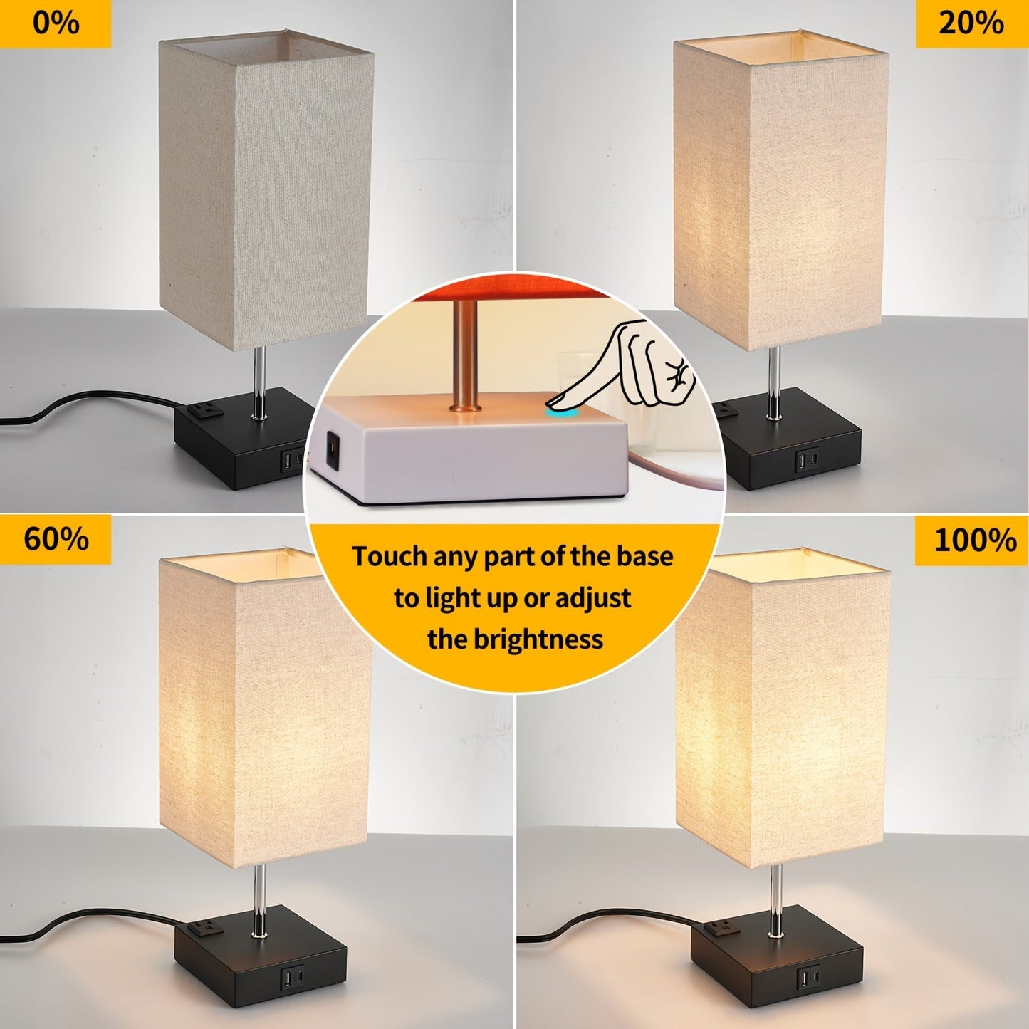LumaTouch | Touch Table Lamp with USB Outlet and Fabric Shade Bedside Decor
