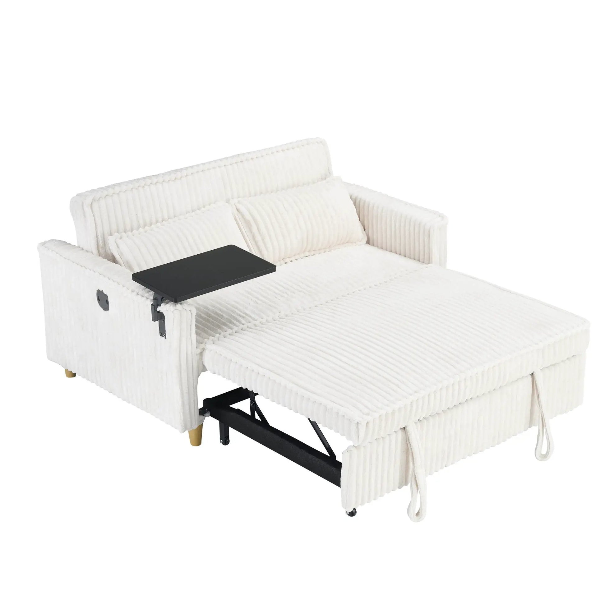 Pull Out Sleeper Sofa with movable tabletop and USB ports, white corduroy on Tampa Home & Garden Store