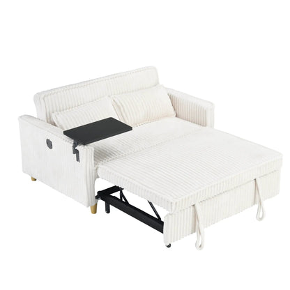 Pull Out Sleeper Sofa with movable tabletop and USB ports, white corduroy on Tampa Home & Garden Store