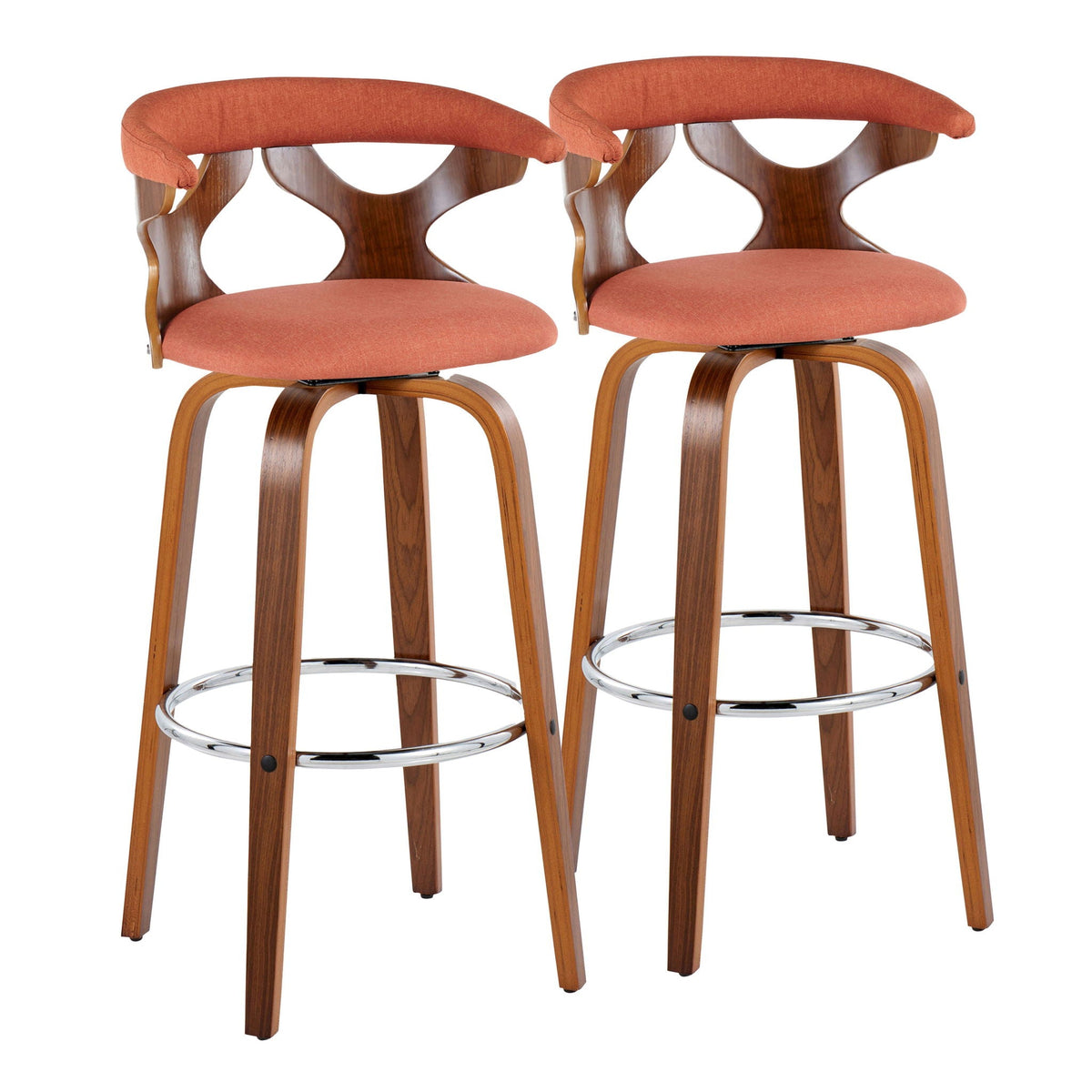 Mid Century Modern Swivel Barstool Set of Two with padded orange upholstery and chrome footrest on Tampa Home & Garden Store