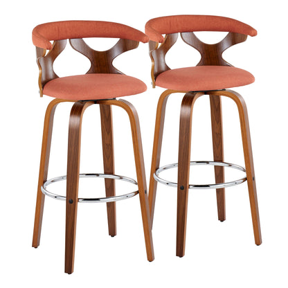 Mid Century Modern Swivel Barstool Set of Two with padded orange upholstery and chrome footrest on Tampa Home & Garden Store