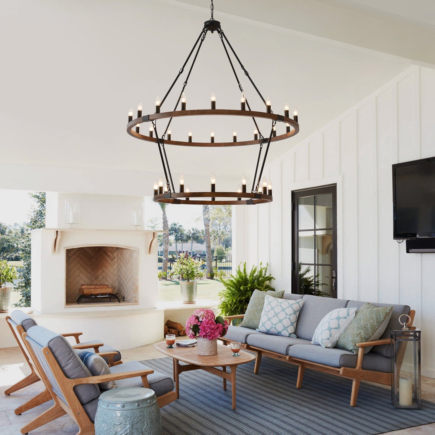 Large solid wood wagon wheel chandelier two-tier 32-lights in dark wood on Tampa Home & Garden Store