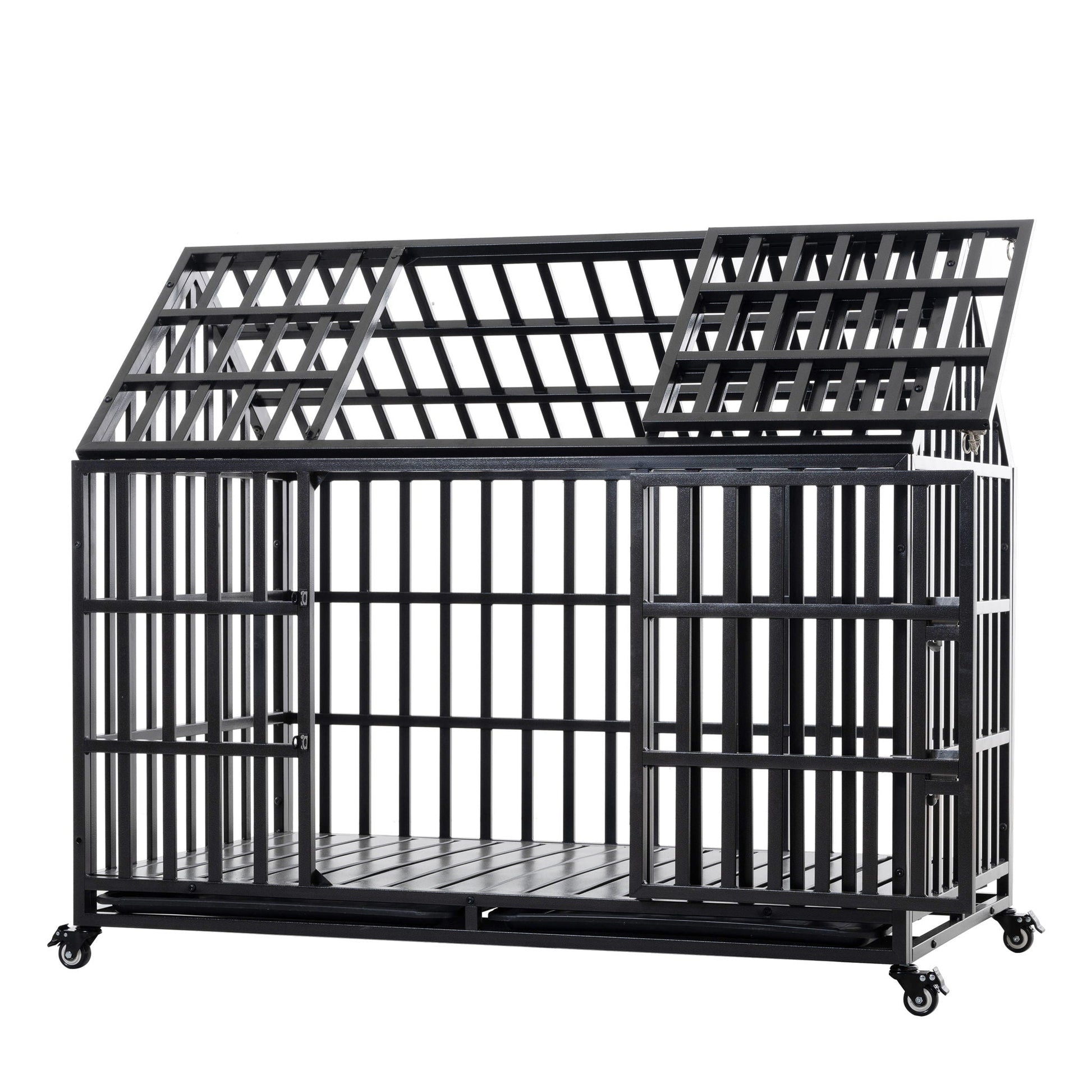 Heavy duty dog crate with lockable wheels, black metal cage on casters on Tampa Home & Garden Store
