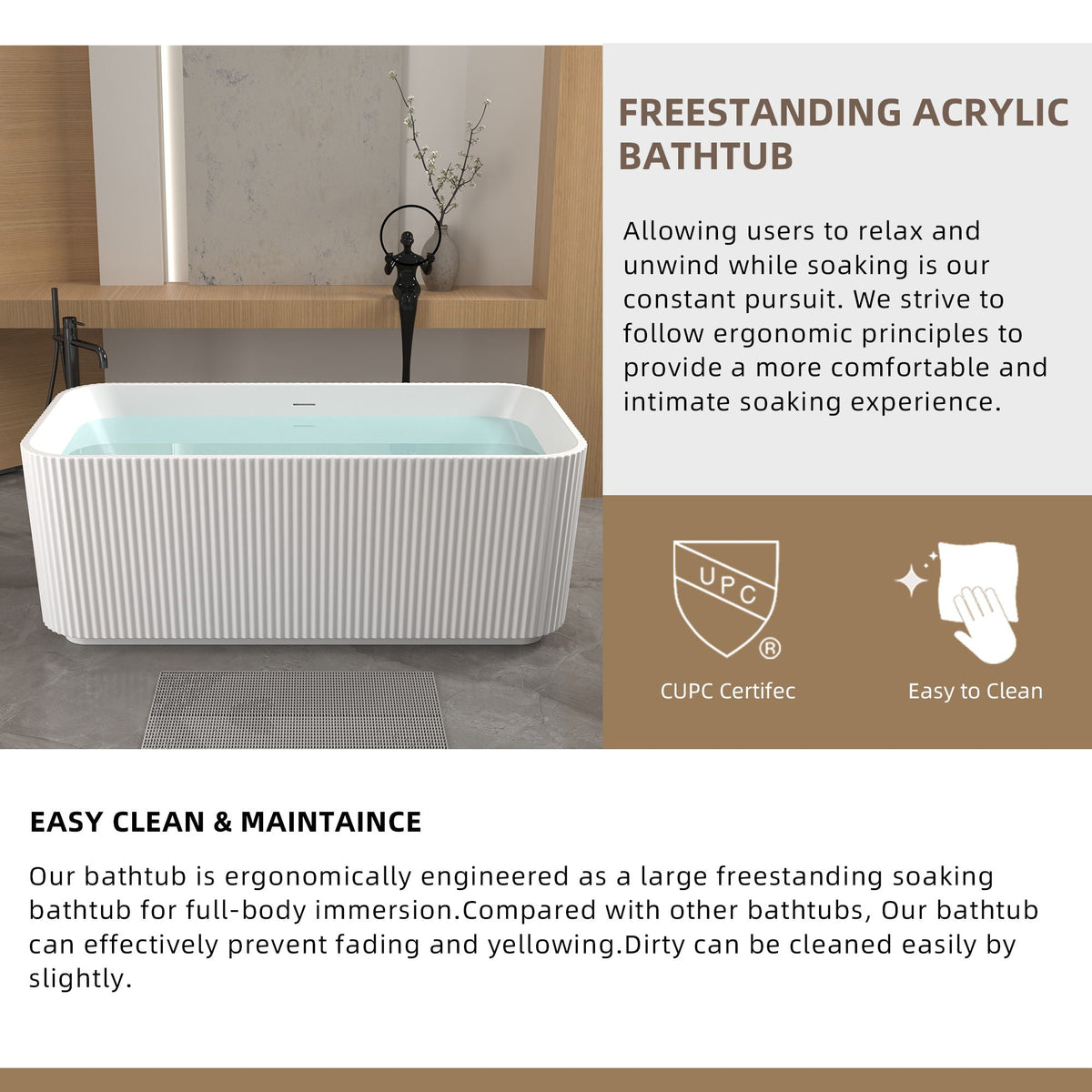 Linear Freestanding Soaker Tub gloss white acrylic with ribbed exterior HouseOfZazla on Tampa Home & Garden Store