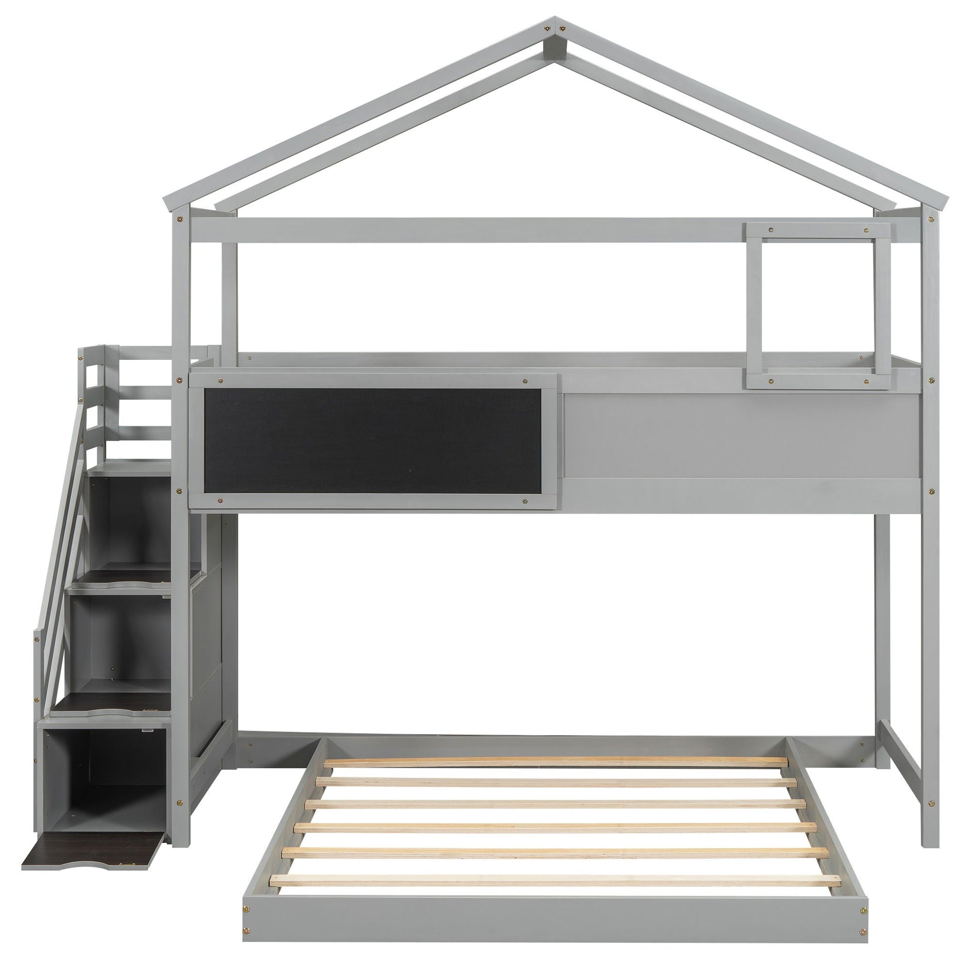 House Style Bunk Bed with Storage Staircase and Board, gray metal frame by HouseOfZazla on Tampa Home & Garden Store