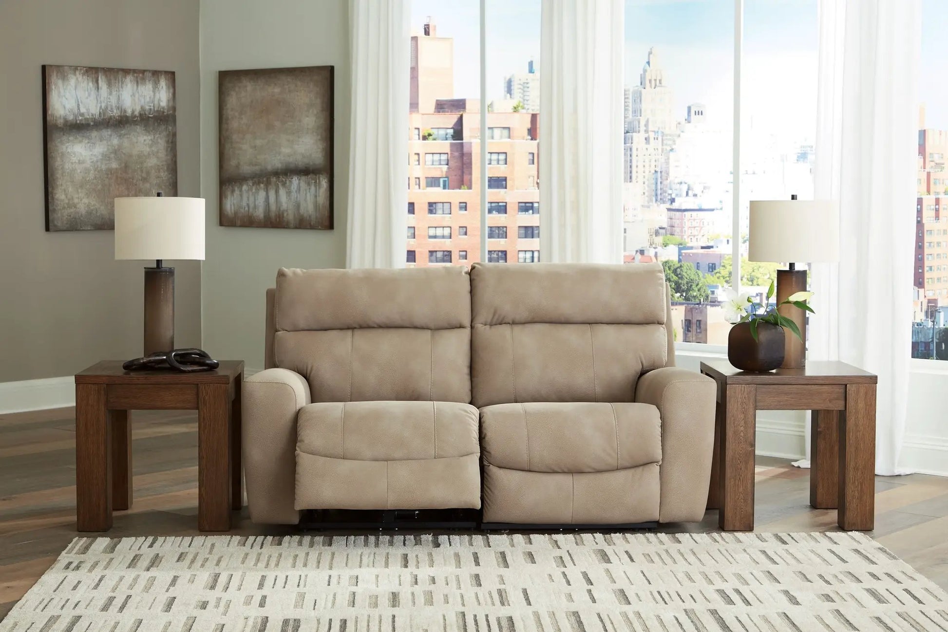 Next-Gen Durapella reclining sectional in beige fabric with matching wood end tables and lamps on Tampa Home & Garden Store