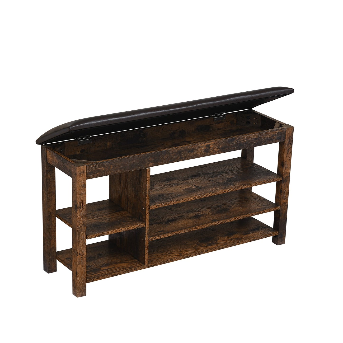 Height-Adjustable Shoe-Changing Bench with wood base and brown leather lid opened to storage on Tampa Home & Garden Store