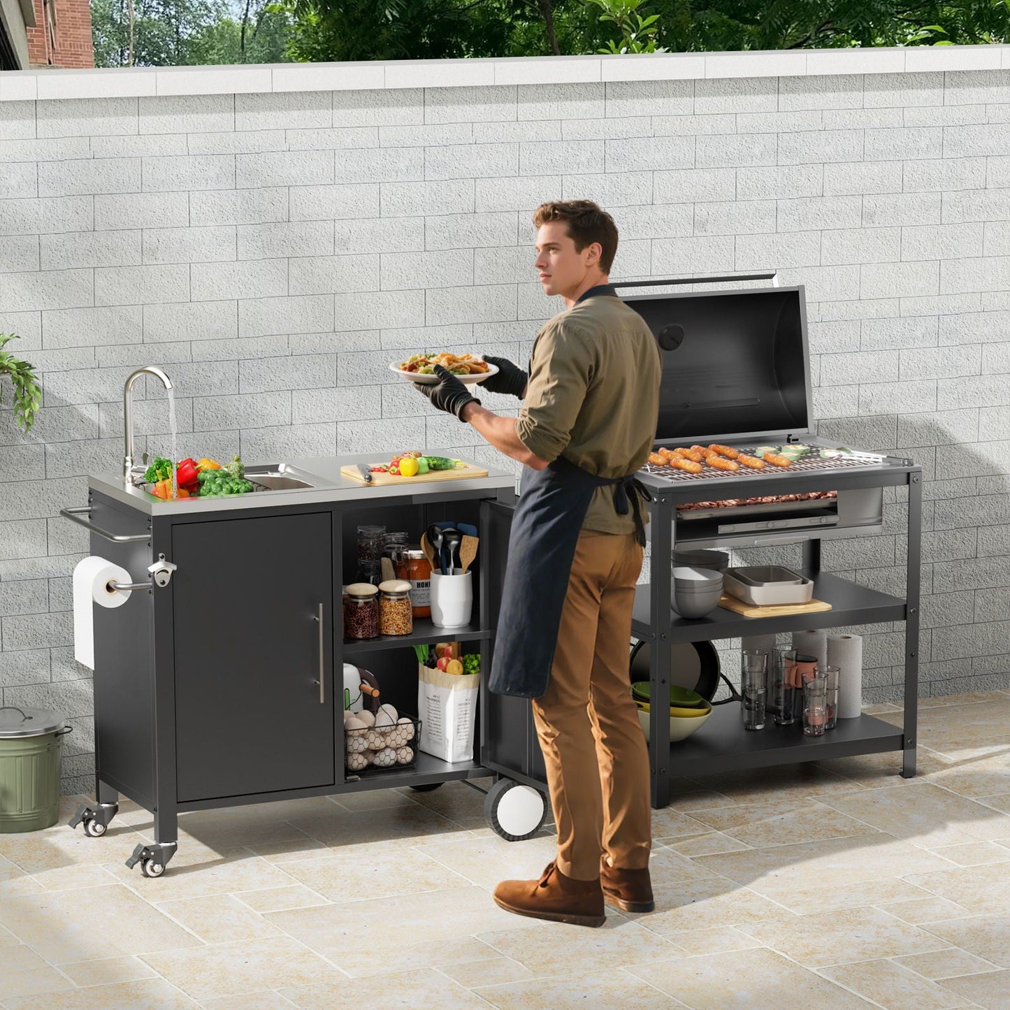 Outdoor Grill Cart With Sink and Storage Cabinet