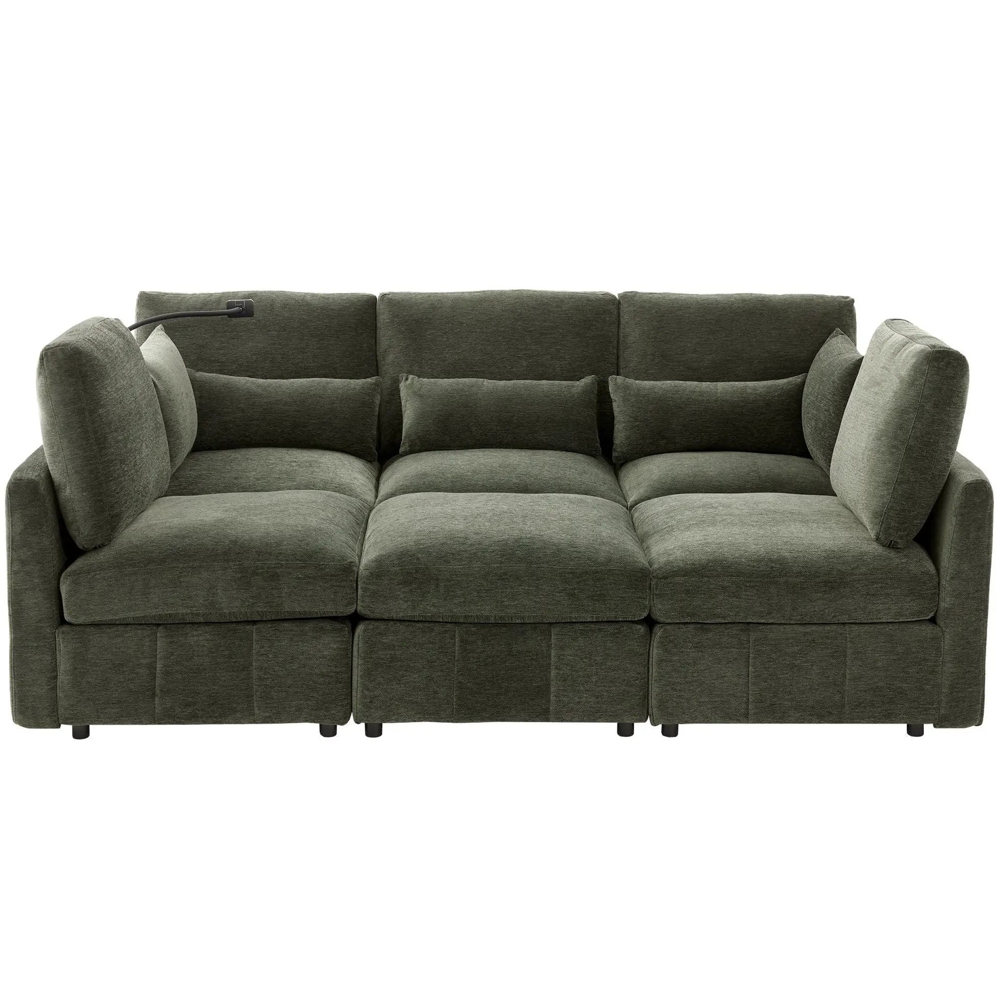 Modern modular sofa in olive fabric with visible USB port cable on Tampa Home & Garden Store