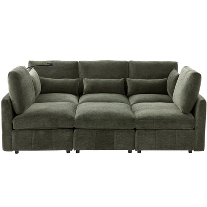 Modern modular sofa in olive fabric with visible USB port cable on Tampa Home & Garden Store
