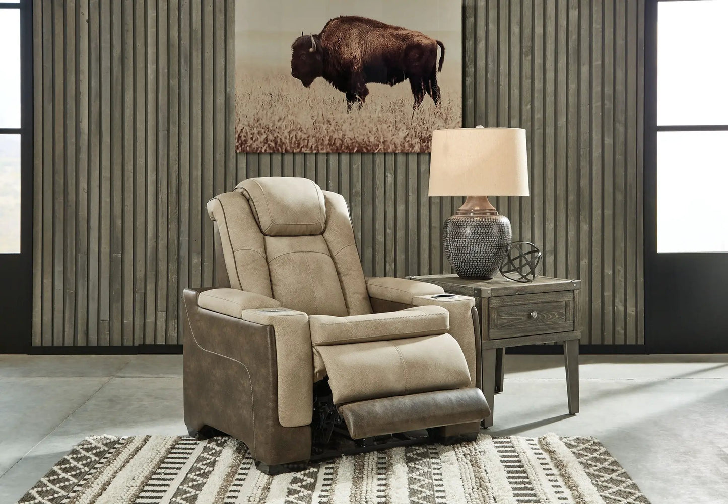 Next-Gen Durapella Pwr Recliner with adjustable headrest, tan upholstery on Tampa Home & Garden Store