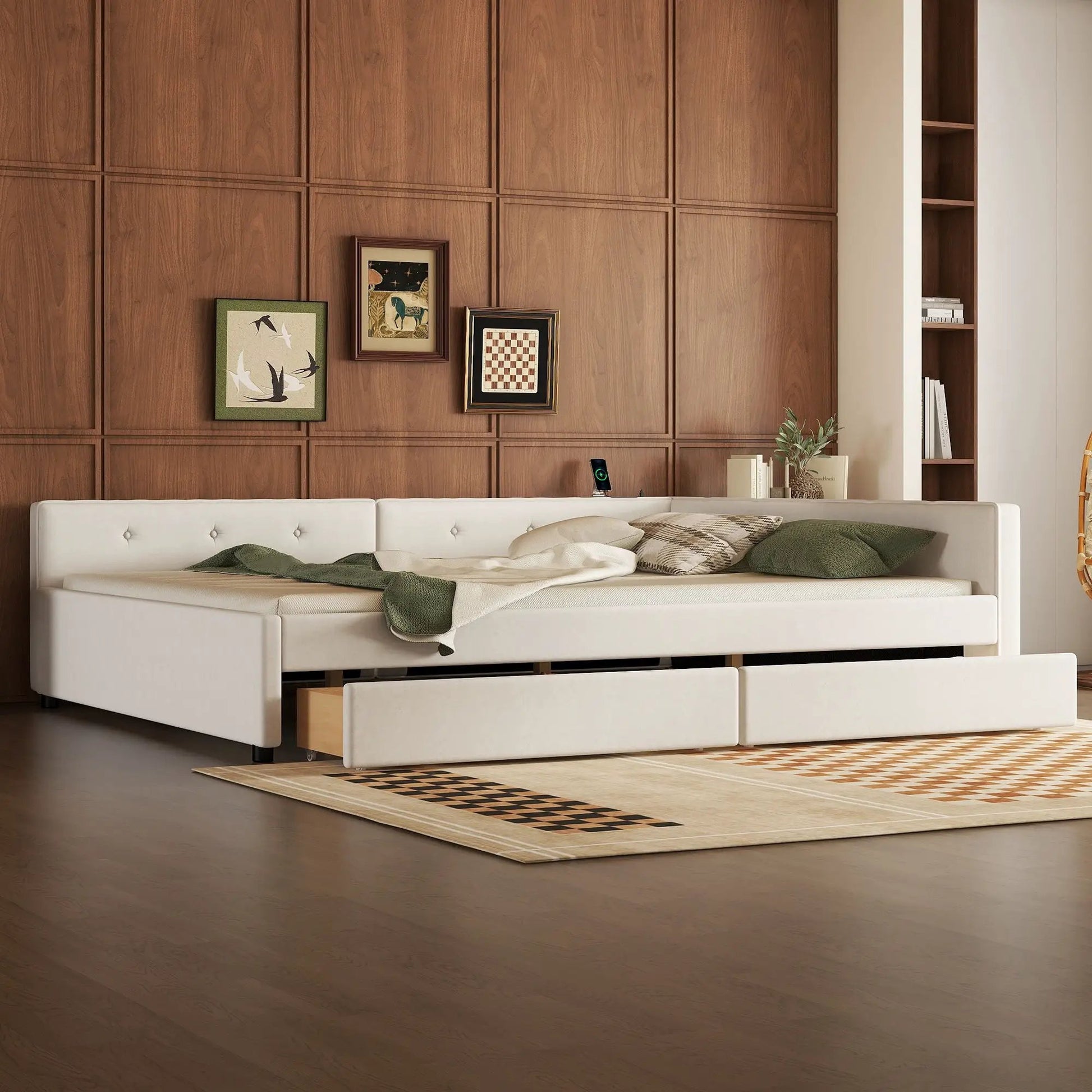 Platform bed USB ports, white upholstered frame with integrated trundle against walnut paneling on Tampa Home & Garden Store