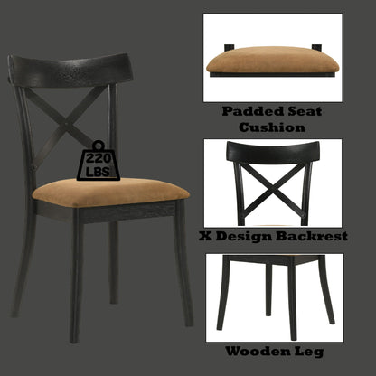 HouseOfZazla black faux leather side chair set of 2 with X-back and brown cushion, wooden legs on Tampa Home & Garden Store