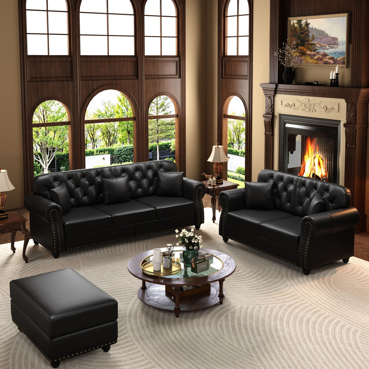 Upholstered Sofa with Nailhead and Ottoman