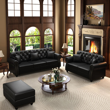 Upholstered Sofa with Nailhead and Ottoman