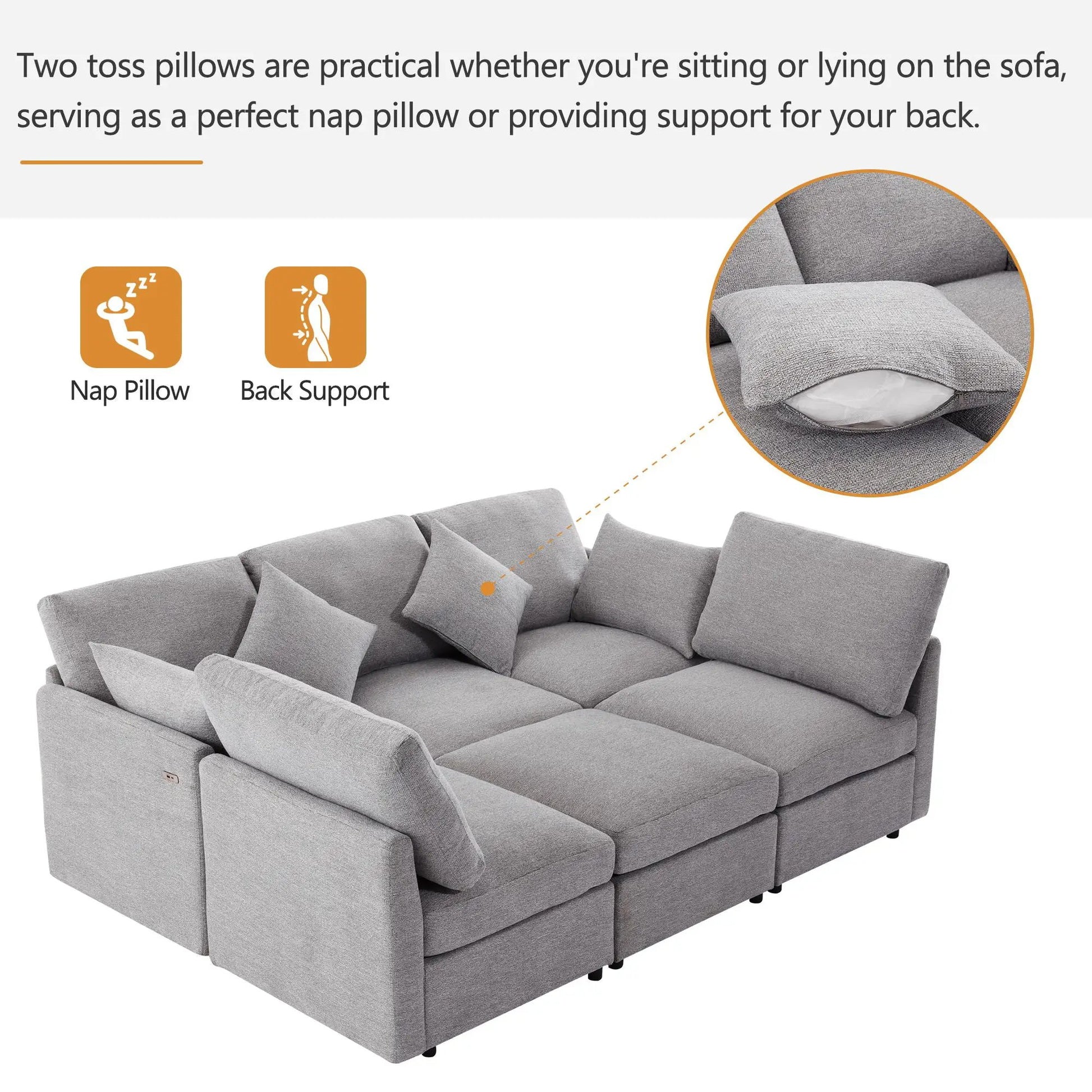 Sectional sofa modular U-shaped with ottoman and USB ports, gray fabric 2-piece set on Tampa Home & Garden Store