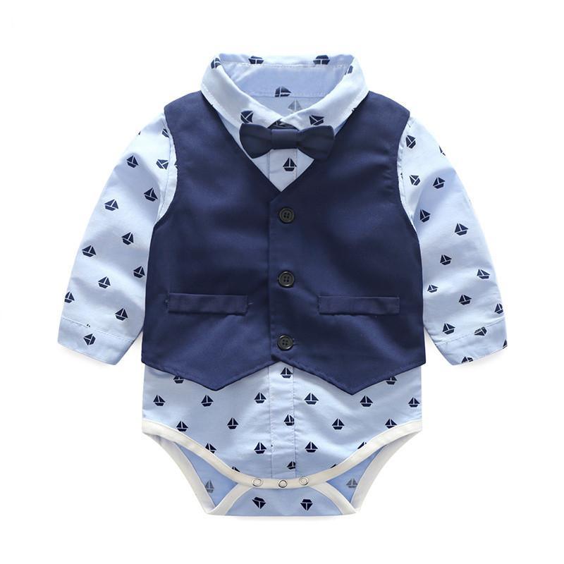 Stevvex baby boys formal romper set with navy vest and bow tie over light blue shirt on Tampa Home & Garden Store