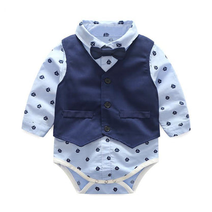 Stevvex baby boys formal romper set with navy vest and bow tie over light blue shirt on Tampa Home & Garden Store