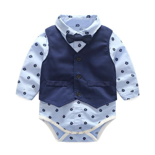 Stevvex baby boys formal romper set with navy vest and bow tie over light blue shirt on Tampa Home & Garden Store