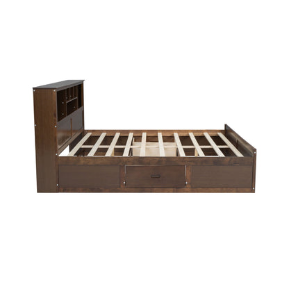 Platform bed in dark brown wood with a tall storage headboard featuring cubby shelves and drawers on Tampa Home & Garden Store