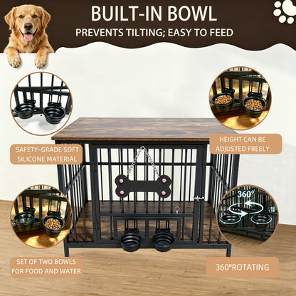 Vintage Wood Grain Dog Cage with Rotating Bowl by HouseOfZazla; black metal pet pen with bowls on Tampa Home & Garden Store
