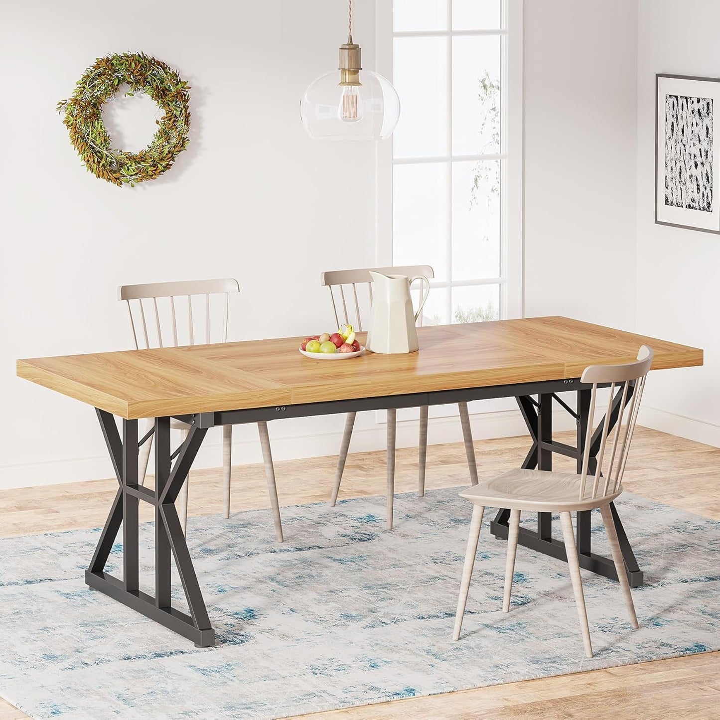 Rectangular dining table with light oak top and black X-trestle legs HouseOfZazla on Tampa Home & Garden Store