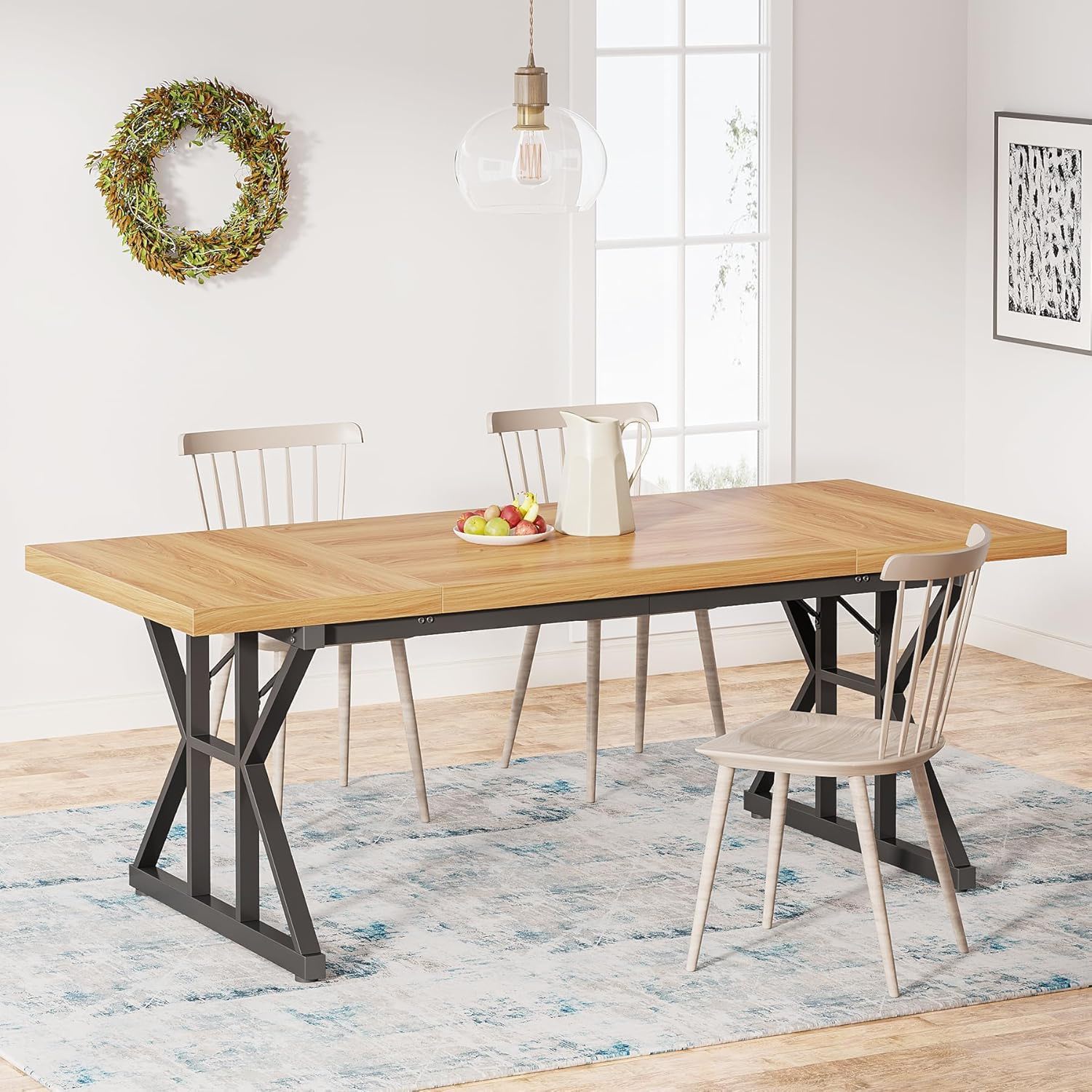 Rectangular dining table with light oak top and black X-trestle legs HouseOfZazla on Tampa Home & Garden Store